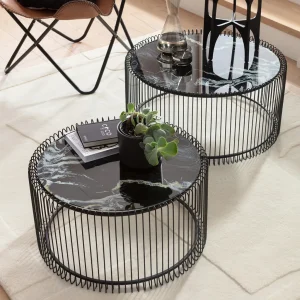 Sohvapöydät | Olohuone>KARE Design Wire Glass Marble Sohvapöytä - Marmorilasi, Musta (2/Setti)