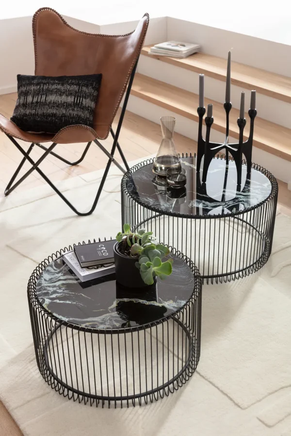 Sohvapöydät | Olohuone>KARE Design Wire Glass Marble Sohvapöytä - Marmorilasi, Musta (2/Setti)