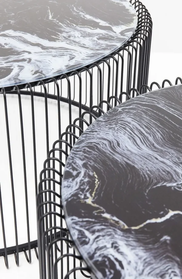 Sohvapöydät | Olohuone>KARE Design Wire Glass Marble Sohvapöytä - Marmorilasi, Musta (2/Setti)